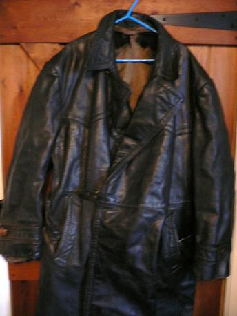 Leather Overcoat with buckle marked 'Gutos'