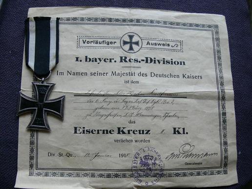 WW1 Iron Cross 2nd class with citation