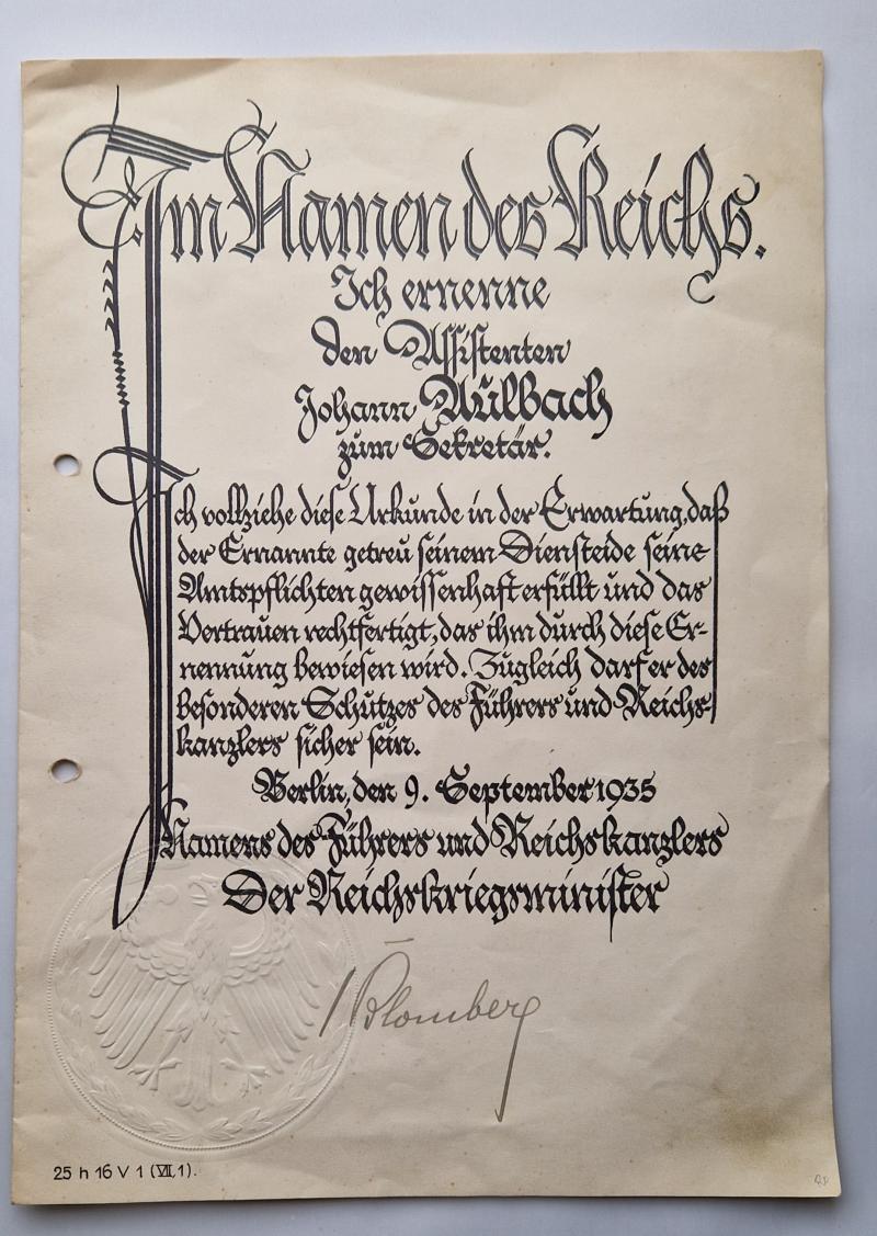 1935 dated Promotion document signed by Werner von Blomberg.