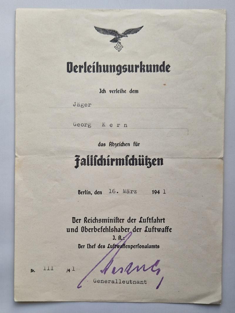 Fallschirmjäger badge citation