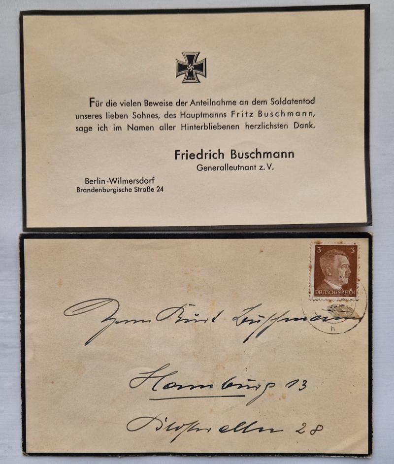 Funeral thank you card and envelope from Generalleutnant Buschmann DKiG holder.