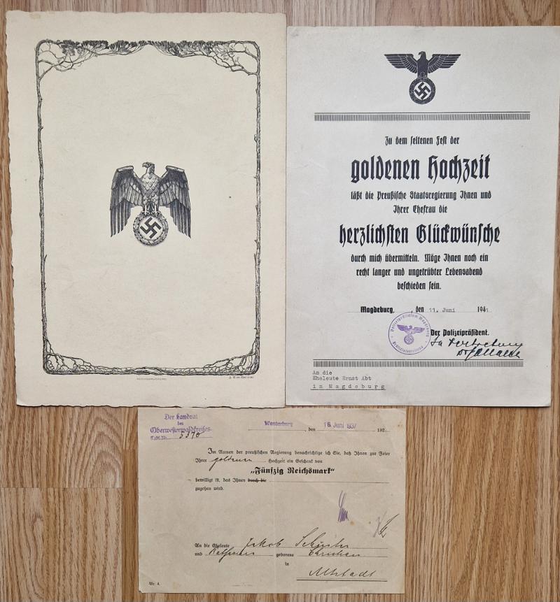 III Reich Telegram and Golden Wedding urkunde, paperwork group of 3.
