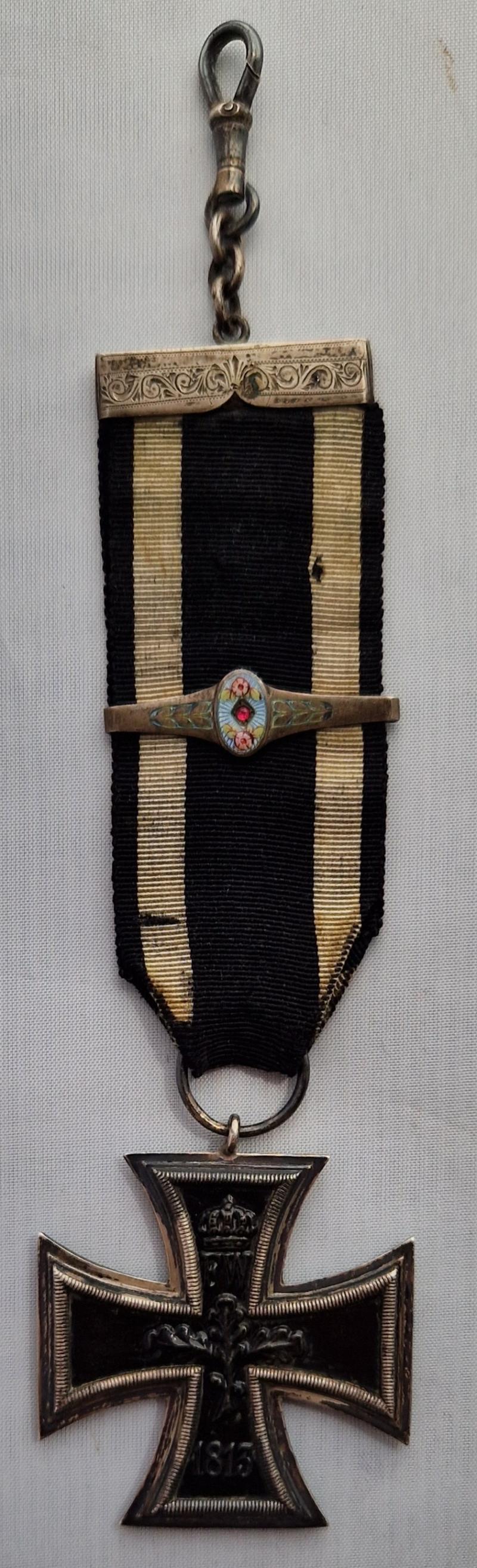 1914 Iron Cross Second Class converted to a watch fob by BH Mayer mm M with 800 silver and enamel fob bars.