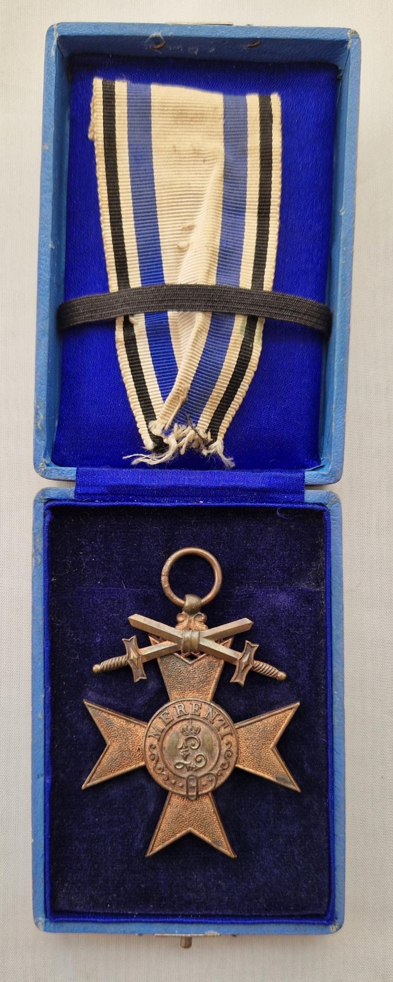 WWI Bavarian Military Merit Cross 3rd Class with Swords in titled case of issue.